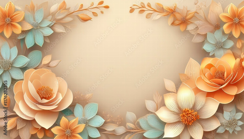 Obraz premium A delicate arrangement of peach and teal paper flowers creates a beautiful border
