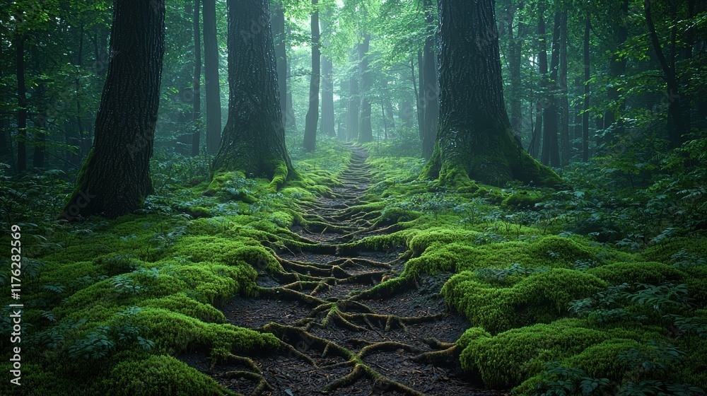 Fototapeta premium Mystical Forest Path: A Journey Through Mossy Roots and Ancient Trees