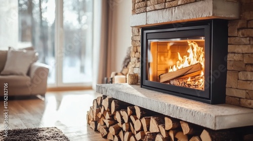 Wood stacked carefully in a pile next to the fireplace. photo