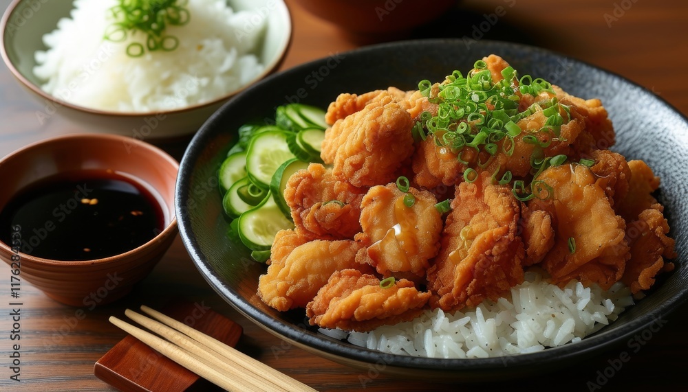 Delicious Chicken Karaage Served on Rice with Fresh Vegetables and Dipping Sauce for Dinner Delicious Chicken Karaage Served on Rice with Fresh Vegetables and Dipping Sauce for Dinner