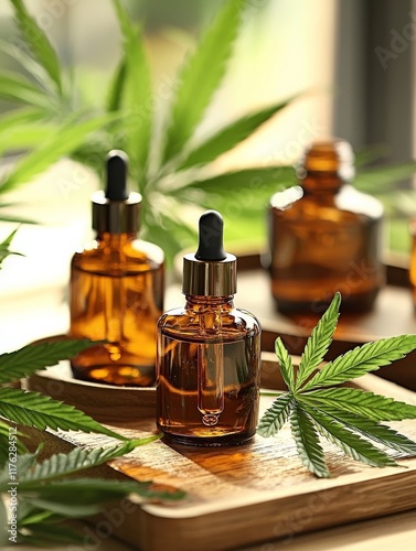 The image features amber glass dropper bottles surrounded by cannabis leaves, conveying a natural and calming aesthetic, likely related to wellness products. photo