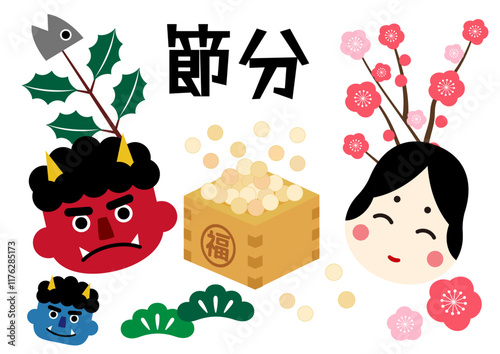 節分イラストで鬼とおたふくと福豆2