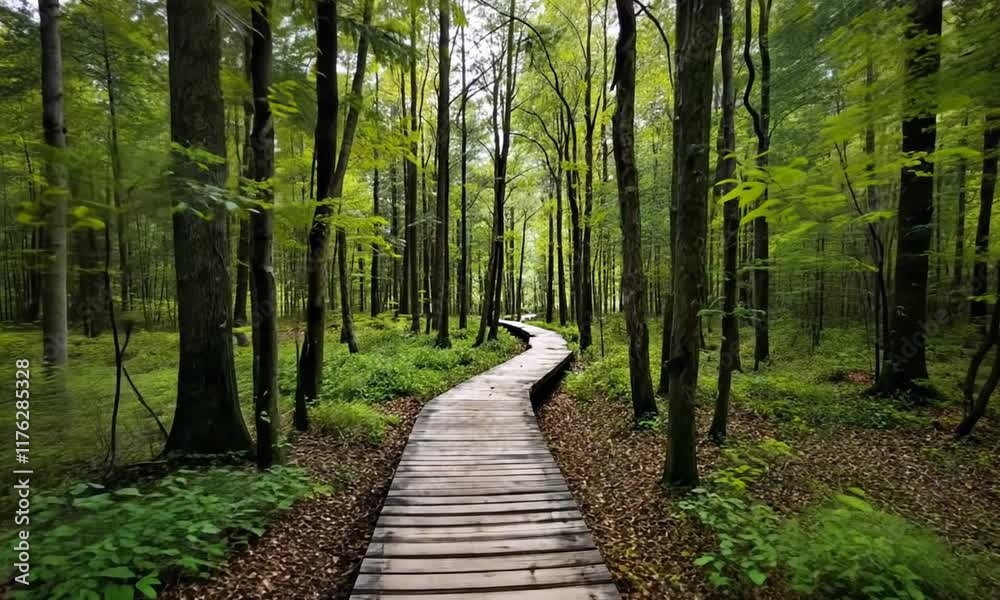 A wooden pathway leads through a serene forest inviting exploration and connection with nature A wooden pathway leads through a serene forest inviting exploration and connection with nature