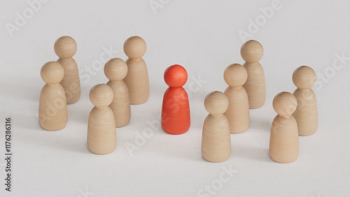 3D illustration of two groups of  pawns and a mediator in the middle. Abstract concept of arbitration between two parties.3D rendering on white background. photo