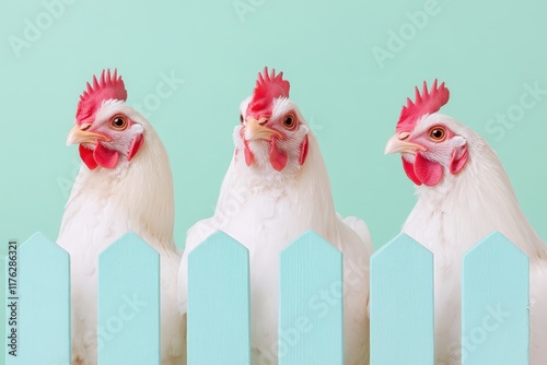 Three curious white hens with vivid red combs peering over a pastel blue fence on a green backdrop, perfect for cheerful farmyard or countryside themes. 
 photo