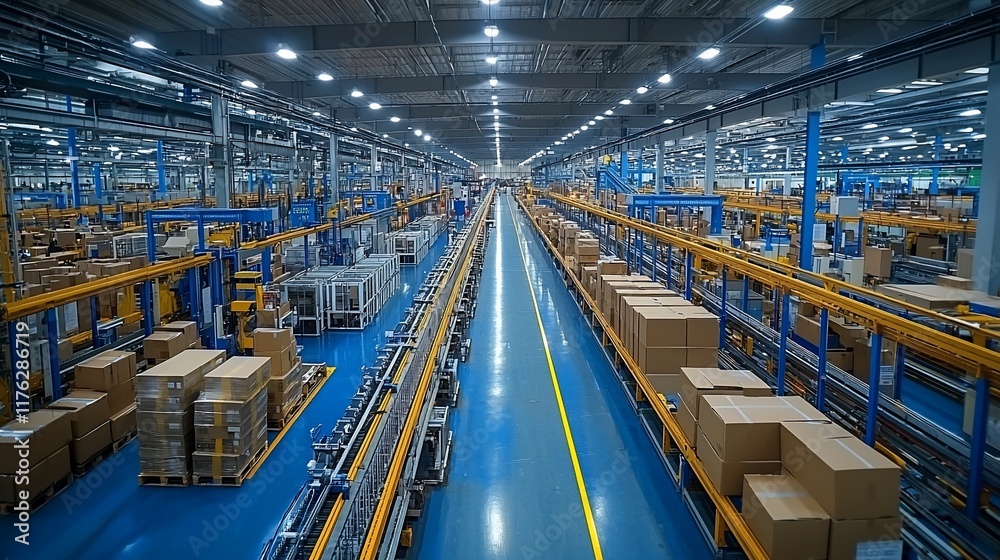 Modern factory interior with automated production line and packaged goods. Modern factory interior with automated production line and packaged goods.