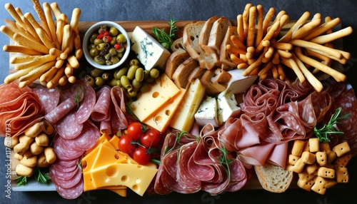 Assorted Charcuterie Platter with Cheeses, Meats, Breadsticks, and Olives on Wooden Board