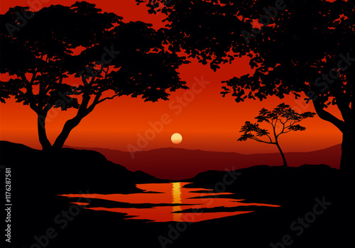 River and forest sunset. Silhouette of trees in foreground and the sun and red sky in background
