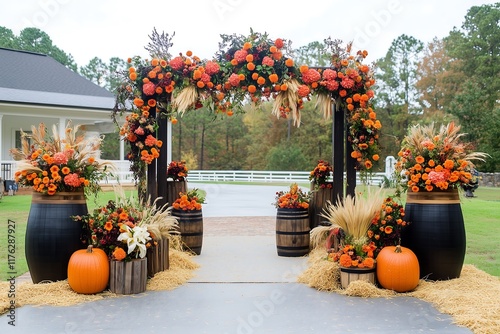 Autumn floral wedding arch outdoor venue decoration rustic charm ceremony fall inspiration photo