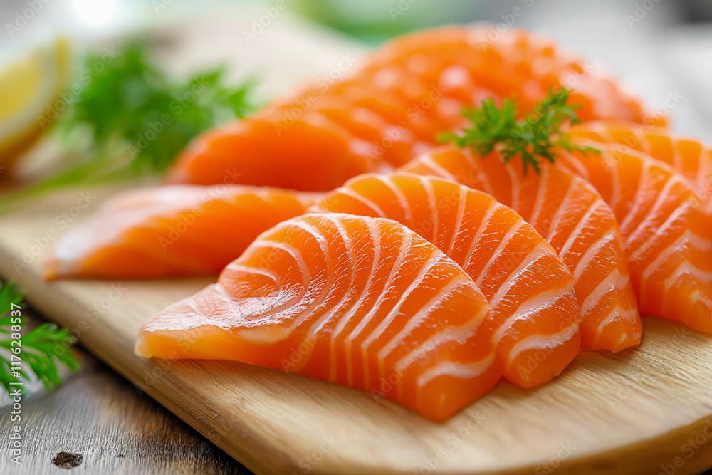 Fresh sliced salmon sashimi with herb garnish on wooden board Fresh sliced salmon sashimi with herb garnish on wooden board