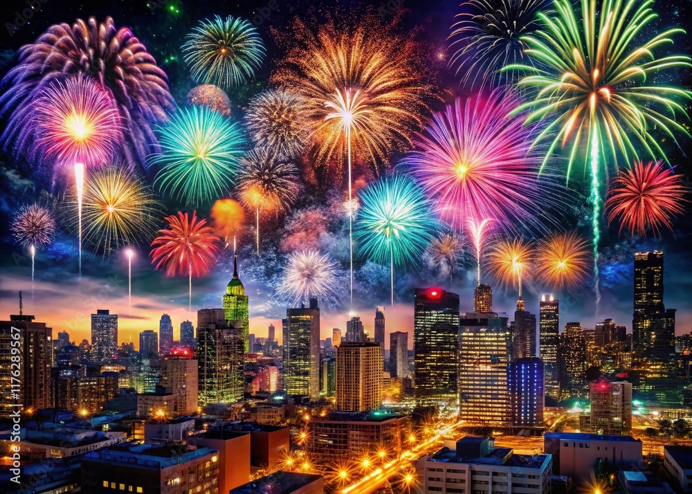 Obraz premium Panoramic Night Cityscape with Vibrant Fireworks Display