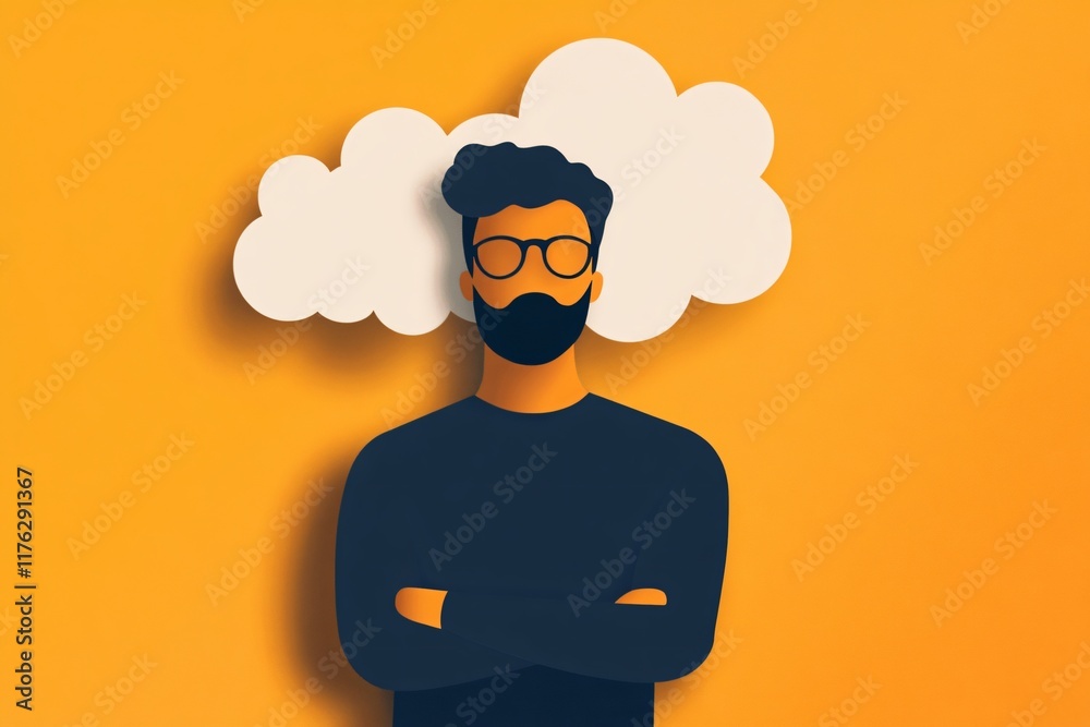 Modern People Icon Surrounded by Symmetrical Thought Clouds Suggesting Structured Creativity