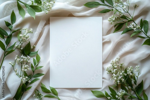 A serene wedding invitation mockup featuring a blank sheet of paper surrounded by soft fabric, green foliage, and delicate flowers, perfect for wedding planning. photo