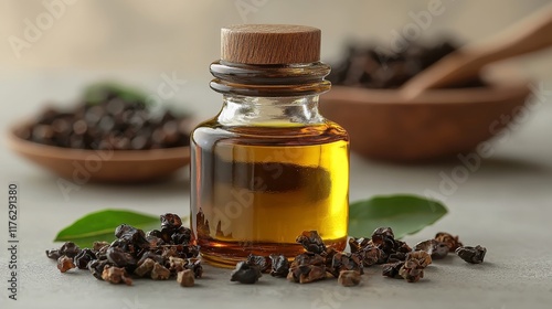 A clear glass bottle of oil sits on a table, surrounded by herbs and spices, showcasing a natural and organic theme.