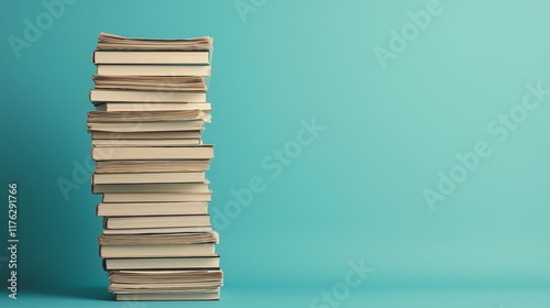 A neatly stacked pile of books against a vibrant turquoise background, symbolizing knowledge, education, and the joy of reading. Perfect for themes related to literature and study. photo