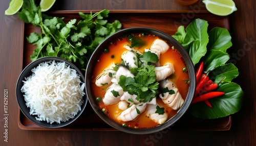 Flavorful Sweet and Sour Canh Chua with Fresh Herbs and Rice on a Wooden Tray photo