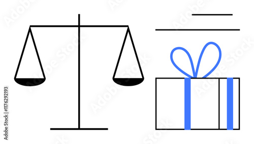 Balancing scales beside a gift box wrapped with a ribbon. Ideal for justice, equality, reward, law, decisions fairness celebration. Line metaphor. Simple line icons