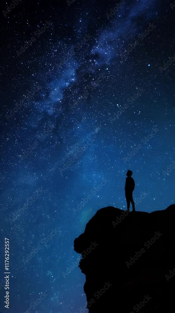 Vertical video the man on hills, under the moon, with twinkling stars, falling stars. Vertical video the man on hills, under the moon, with twinkling stars, falling stars.