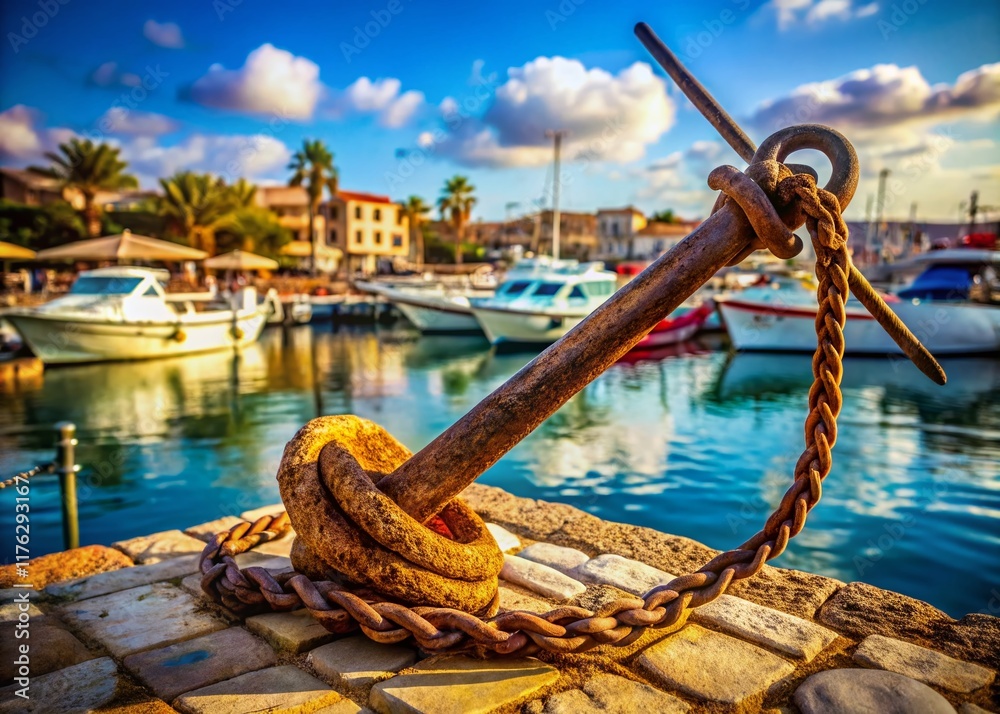 Fototapeta premium Paphos Harbor, Cyprus: Rusty Anchor & Seafood Restaurant Sign - February 7, 2017