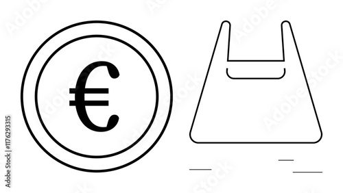 Euro currency coin next to a plastic bag outlined in simple black lines. Ideal for finance, currency exchange, shopping, consumerism, minimalism, environmental awareness, economic issues. Abstract
