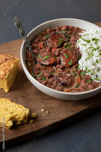 CLASSIC RED BEANS AND RICE WITH ANDOUILLE SAUSAGE, CILANTRO AND CORNBREAD ON A WOODEN BOARD WITH SPOON photo