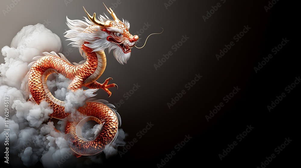 Obraz premium Majestic Red and Gold Dragon Spiraling Dynamically Through Ethereal Clouds This mythical fantastical creature embodies the power mystery and grandeur of Eastern mythology and legend