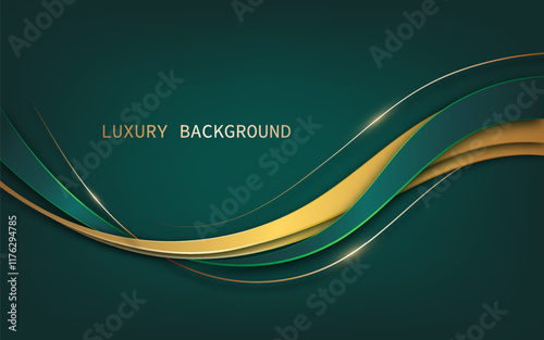 Abstract background with a deep green backdrop adorned with dynamic, flowing curves in shades of gold and green. Vector illustration