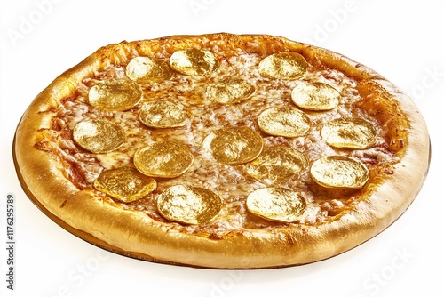 Golden Pizza with Cheese Topping - Isolated on White Background photo