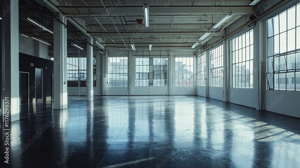 Spacious Industrial Loft Interior with Large Windows Spacious Industrial Loft Interior with Large Windows