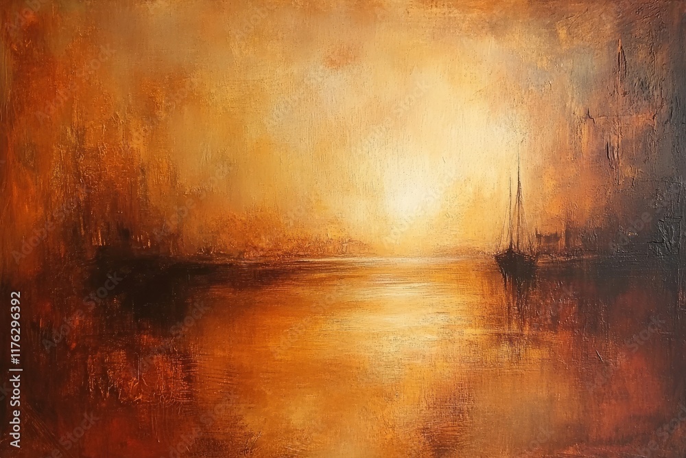 Naklejka premium Golden sunset over calm water with distant sailboat.