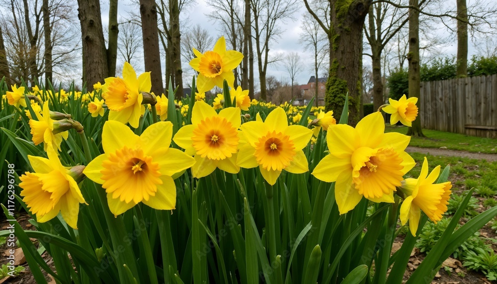 Fototapeta premium Daffodils blooming in garden with vibrant yellow color and lush green leaves on cloudy day