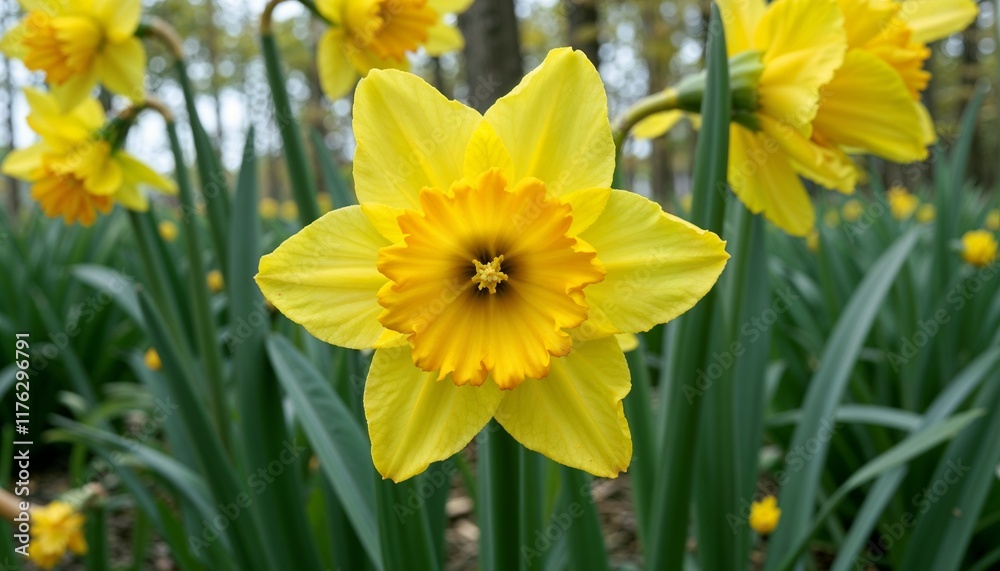 Daffodil flower in full bloom with bright yellow color in lush green garden Daffodil flower in full bloom with bright yellow color in lush green garden