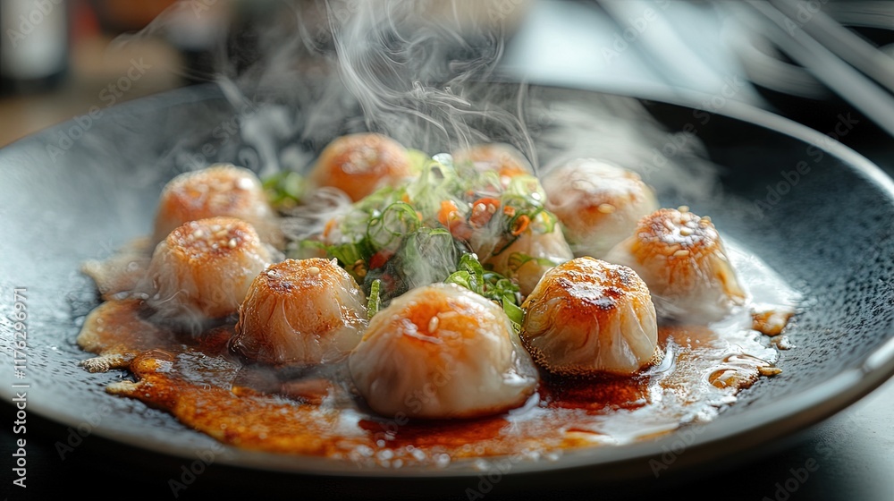 A plate of steaming dumplings served with spicy dipping sauce