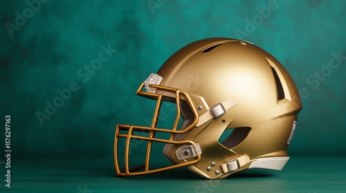 A shiny gold American football helmet displayed on a textured teal background. The helmet symbolizes strength, determination, and the spirit of competition in sports.