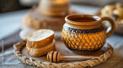 Honey in rustic mug with bread slices on a tray.