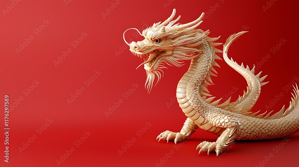 Obraz premium Stunning digital of a majestic golden dragon with shimmering scales and glowing against a deep red background evoking a sense of mythical power and ancient Asian mysticism