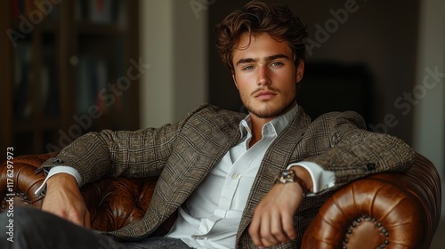 Stylish Young Man in Brown Plaid Jacket Sitting on Leather Sofa