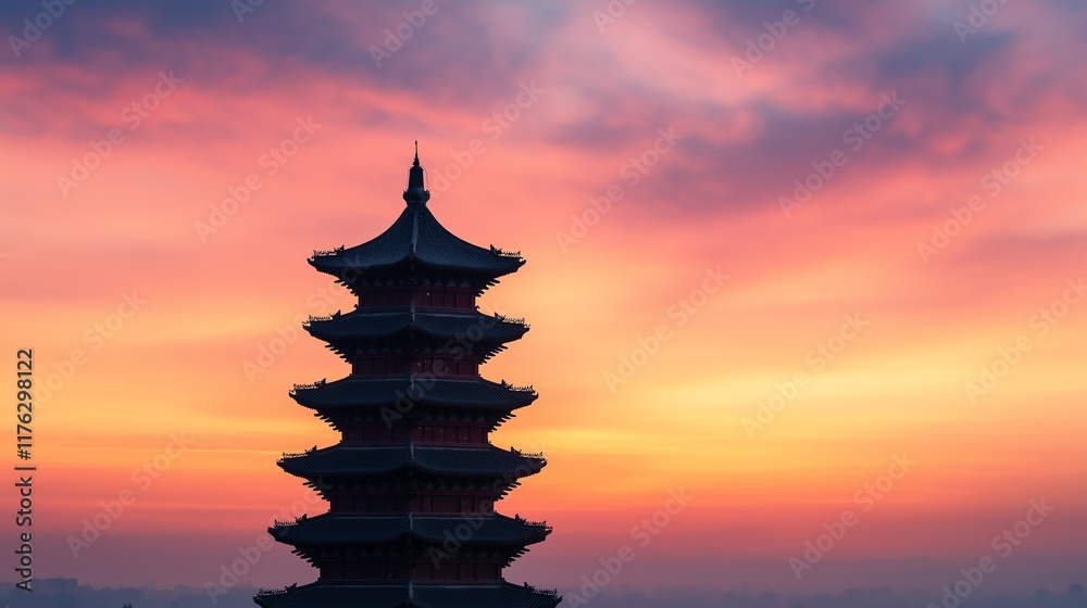 A striking silhouette of an ornate pagoda against a mesmerizing sunset, showcasing intricate architectural details and vivid colors, perfect for cultural and travel themes.