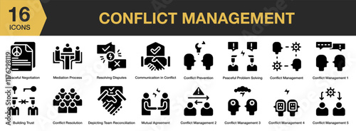 Conflict Management solid icon set. Includes negotiation, solution, problem, motivation, argument, anger, and More. Solid icons vector collection.