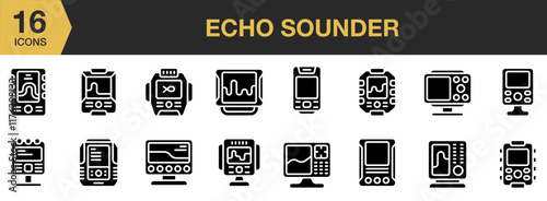 Echo Sounder solid icon set. Includes Echo, Fish, Gadget, Logo, Nature, Sounder, Water, and More. Solid icons vector collection.