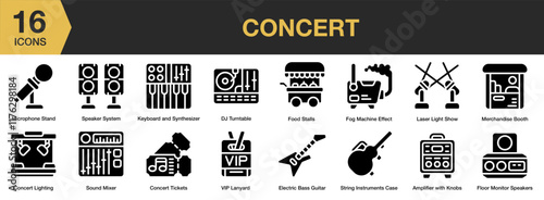 Concert solid icon set. Includes show, performance, festival, party, fun, musician, and More. Solid icons vector collection.