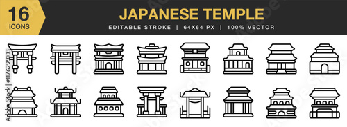 Japanese Temple icon set. Editable Stroke Icon Collection. Includes Building, Gate, Japan, Japanese, Landmark, Temple, Torii, and More. Outline icons vector collection.