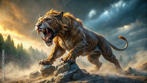 Prehistoric Saber-Toothed Cat Leaping from Mist - 3D Rendered Documentary Style Stock Photo