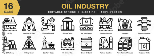 Oil Industry icon set. Editable Stroke Icon Collection. Includes Drop, Industry, Oil, Petro, Petrochemical, Plant, Refinery, and More. Outline icons vector collection.