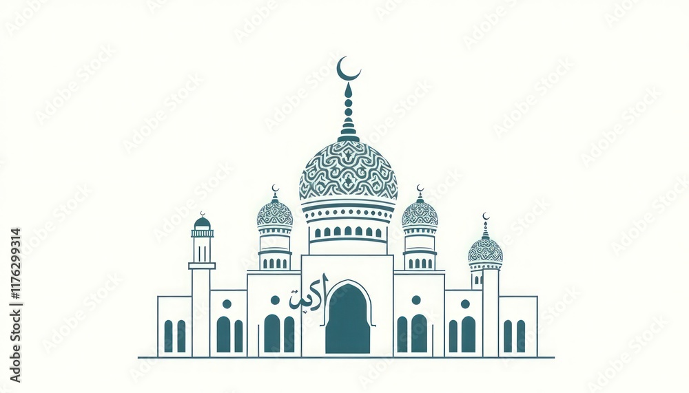 Fototapeta premium Decorative mosque icon featuring Kufic script and layered ornamental domes.