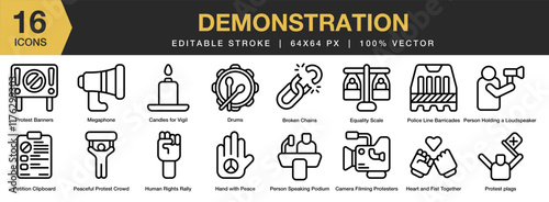 Demonstration icon set. Editable Stroke Icon Collection. Includes demonstration, protest, revolution, activist, strike, and More. Outline icons vector collection.