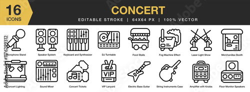 Concert icon set. Editable Stroke Icon Collection. Includes concert, event, entertainment, music, stage, light, show, and More. Outline icons vector collection.