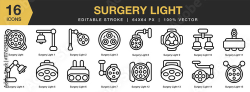 Surgery Light icon set. Editable Stroke Icon Collection. Includes Dentistry, Lamp, Lighting, Light, Surgery, Tool, Equipment, and More. Outline icons vector collection.