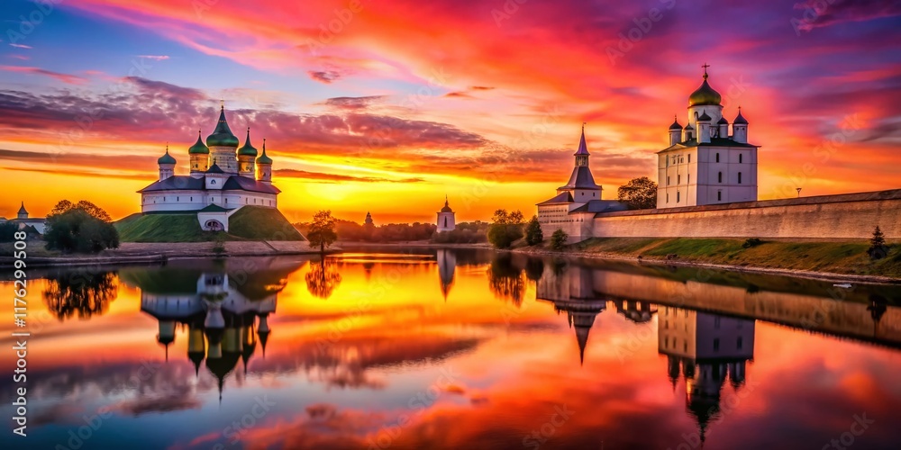Naklejka premium Pskov City Silhouette at Sunset, Russia - Dramatic Cityscape Photography