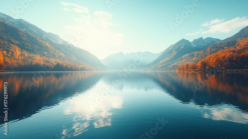 Calm autumn lake reflecting colorful mountains and sky.